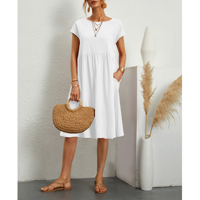 Women's Linen-Look Midi Dress – Relaxed Summer Day Dress for Brunch, Travel & Weekends