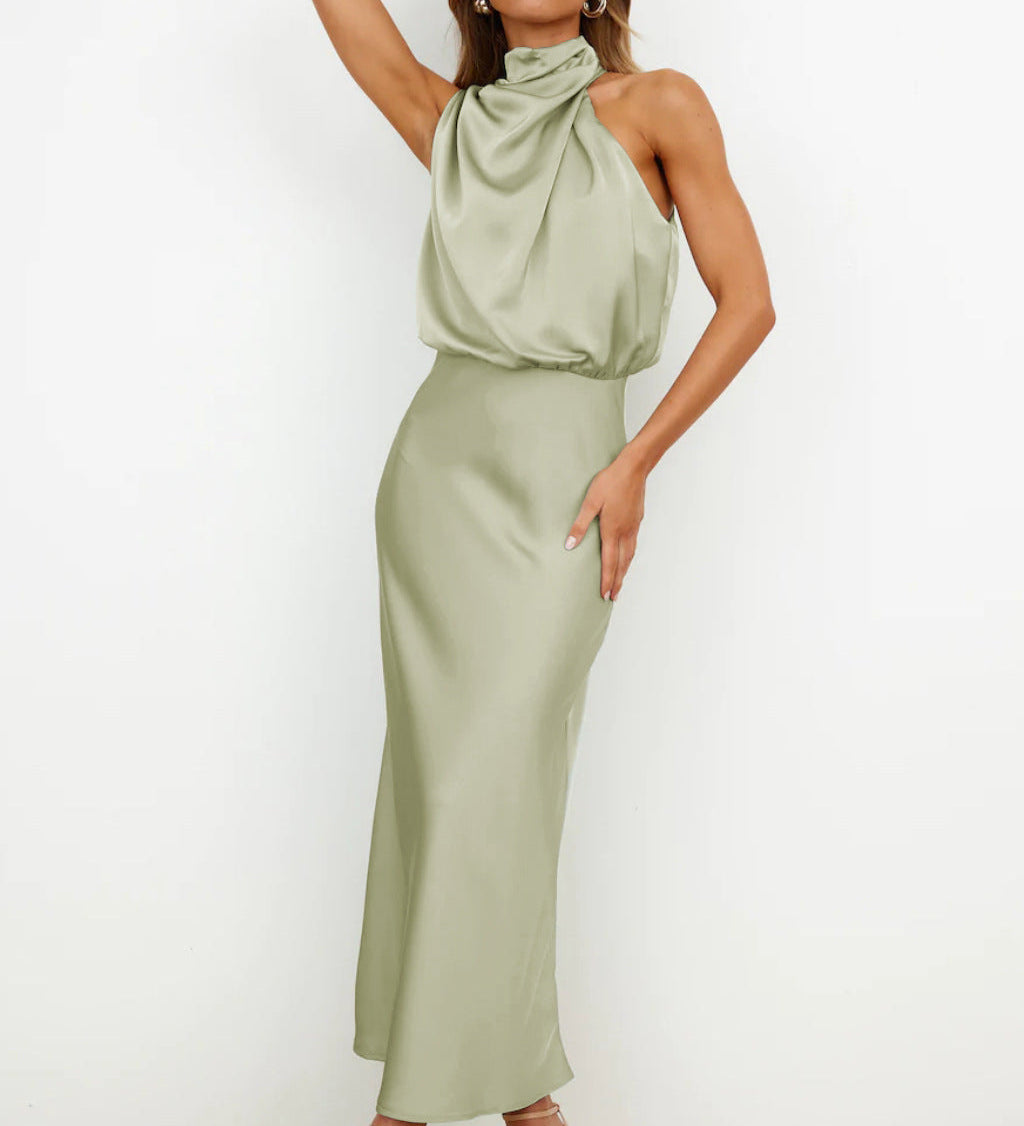 Women's Satin Halter Midi Dress – Sleeveless Wedding Guest & Cocktail Dress for Summer Events