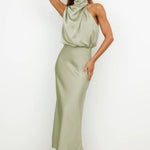 Women's Satin Halter Midi Dress – Sleeveless Wedding Guest & Cocktail Dress for Summer Events