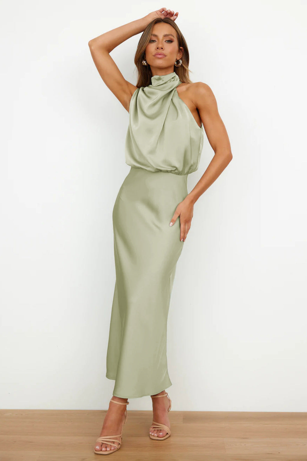 Women's Satin Halter Midi Dress – Sleeveless Wedding Guest & Cocktail Dress for Summer Events