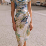 Women's Floral Cowl Neck Bodycon Midi Dress – Fitted Evening and Occasion Dress