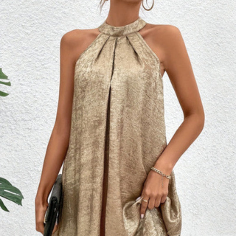 Women's Gold Halter Midi Dress – Draped Elegant Evening & Wedding Guest Dress