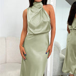 Women's Satin Halter Midi Dress – Sleeveless Wedding Guest & Cocktail Dress for Summer Events