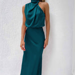 Women's Satin Halter Midi Dress – Sleeveless Wedding Guest & Cocktail Dress for Summer Events