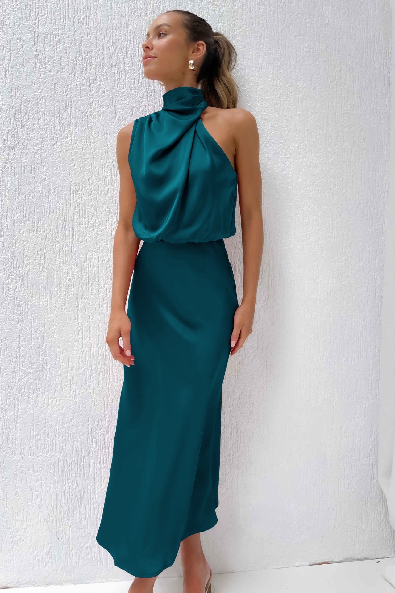 Women's Satin Halter Midi Dress – Sleeveless Wedding Guest & Cocktail Dress for Summer Events