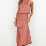 Women's Satin Halter Midi Dress – Sleeveless Wedding Guest & Cocktail Dress for Summer Events