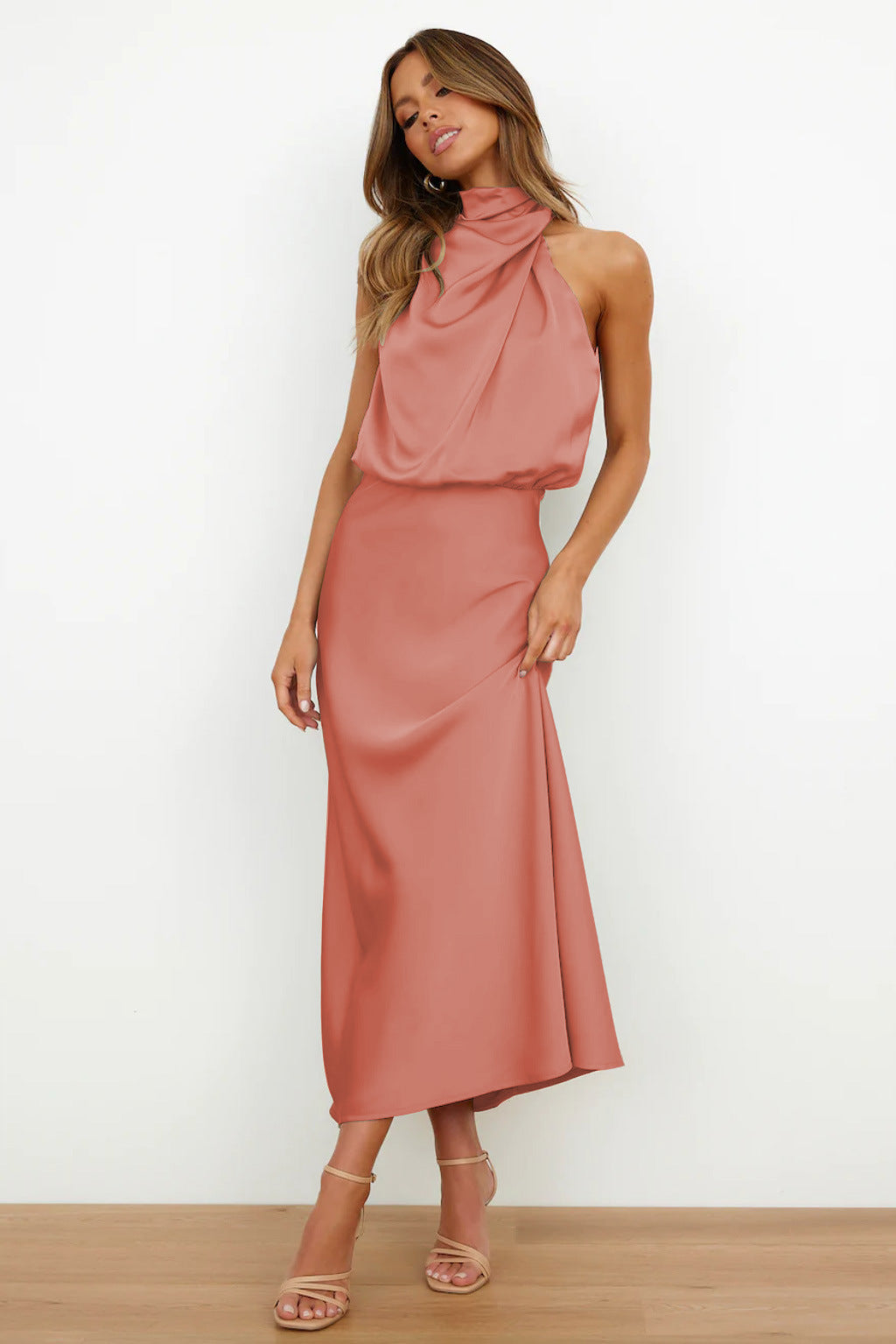 Women's Satin Halter Midi Dress – Sleeveless Wedding Guest & Cocktail Dress for Summer Events