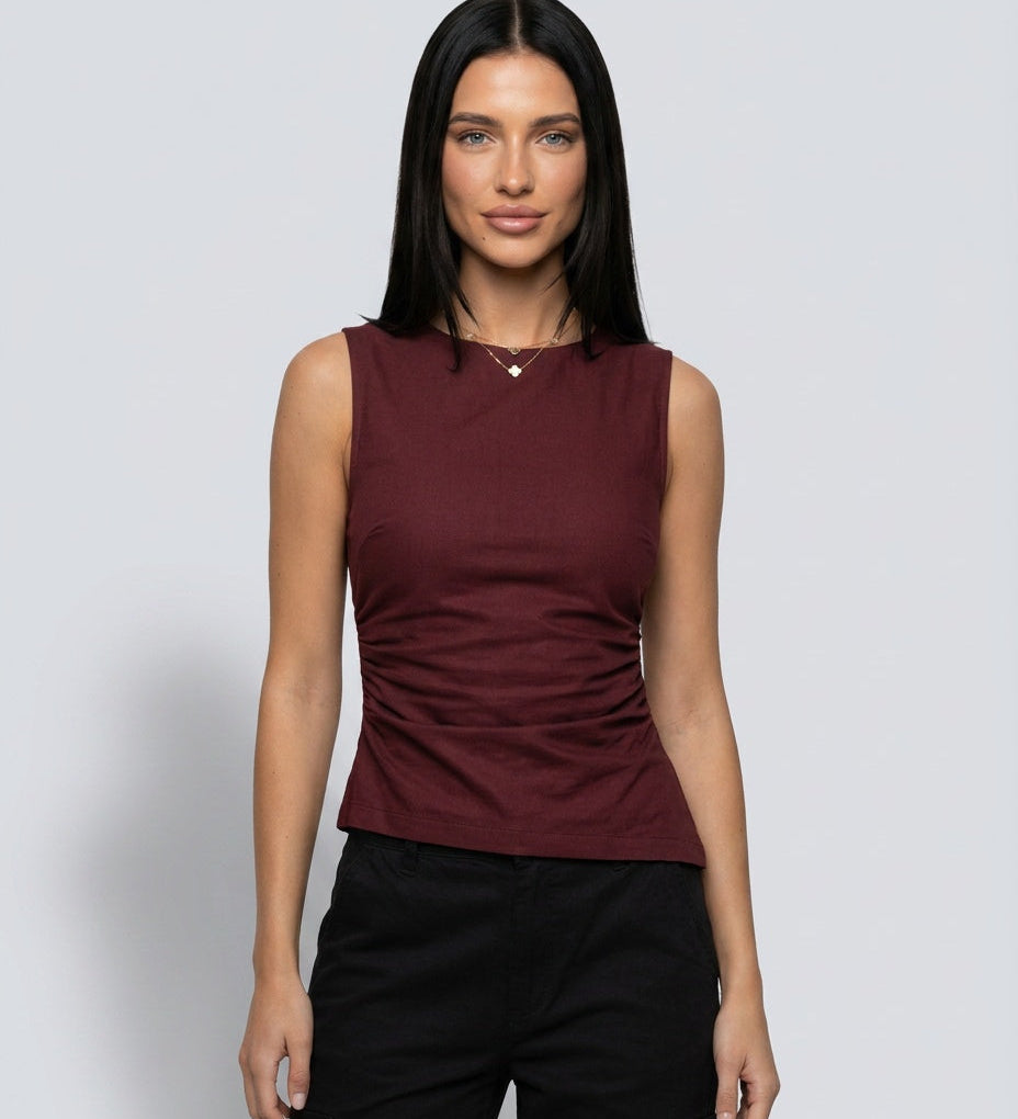 Women's Asymmetric Cropped Sleeveless Top – Cotton-Blend Oxford Weave Summer Tank