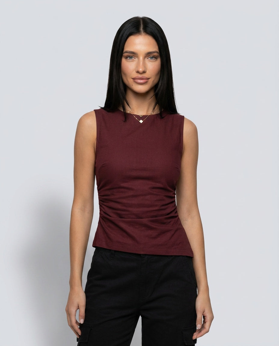 Women's Asymmetric Cropped Sleeveless Top – Cotton-Blend Oxford Weave Summer Tank