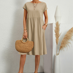 Women's Linen-Look Midi Dress – Relaxed Summer Day Dress for Brunch, Travel & Weekends