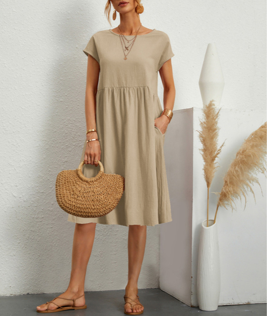 Women's Linen-Look Midi Dress – Relaxed Summer Day Dress for Brunch, Travel & Weekends