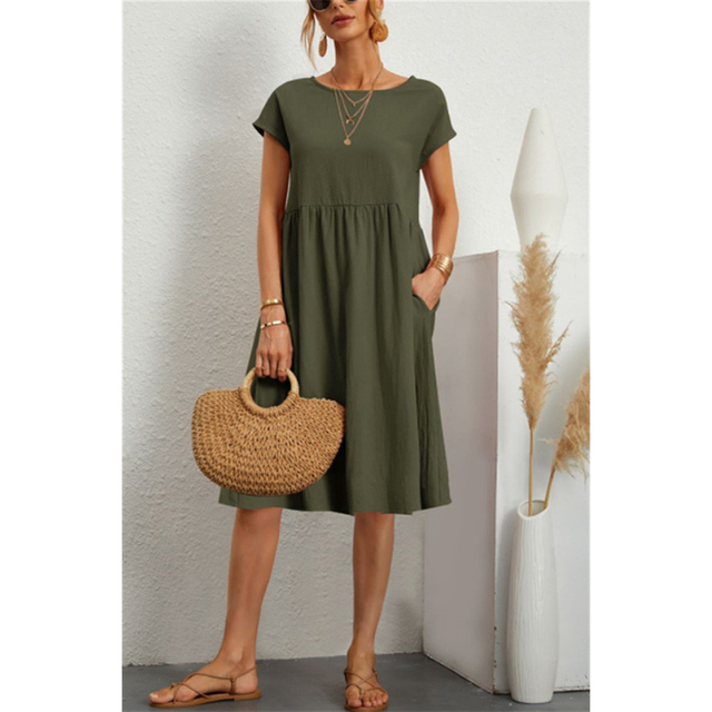 Women's Linen-Look Midi Dress – Relaxed Summer Day Dress for Brunch, Travel & Weekends