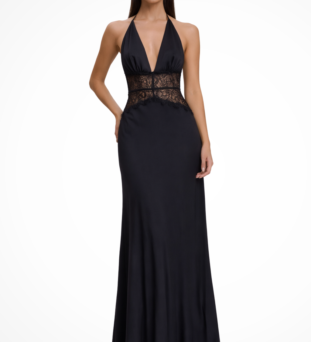 Women's Halter Neck Backless Maxi Dress with Lace Waist – Formal and Wedding Guest Dress