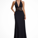 Women's Halter Neck Backless Maxi Dress with Lace Waist – Formal and Wedding Guest Dress