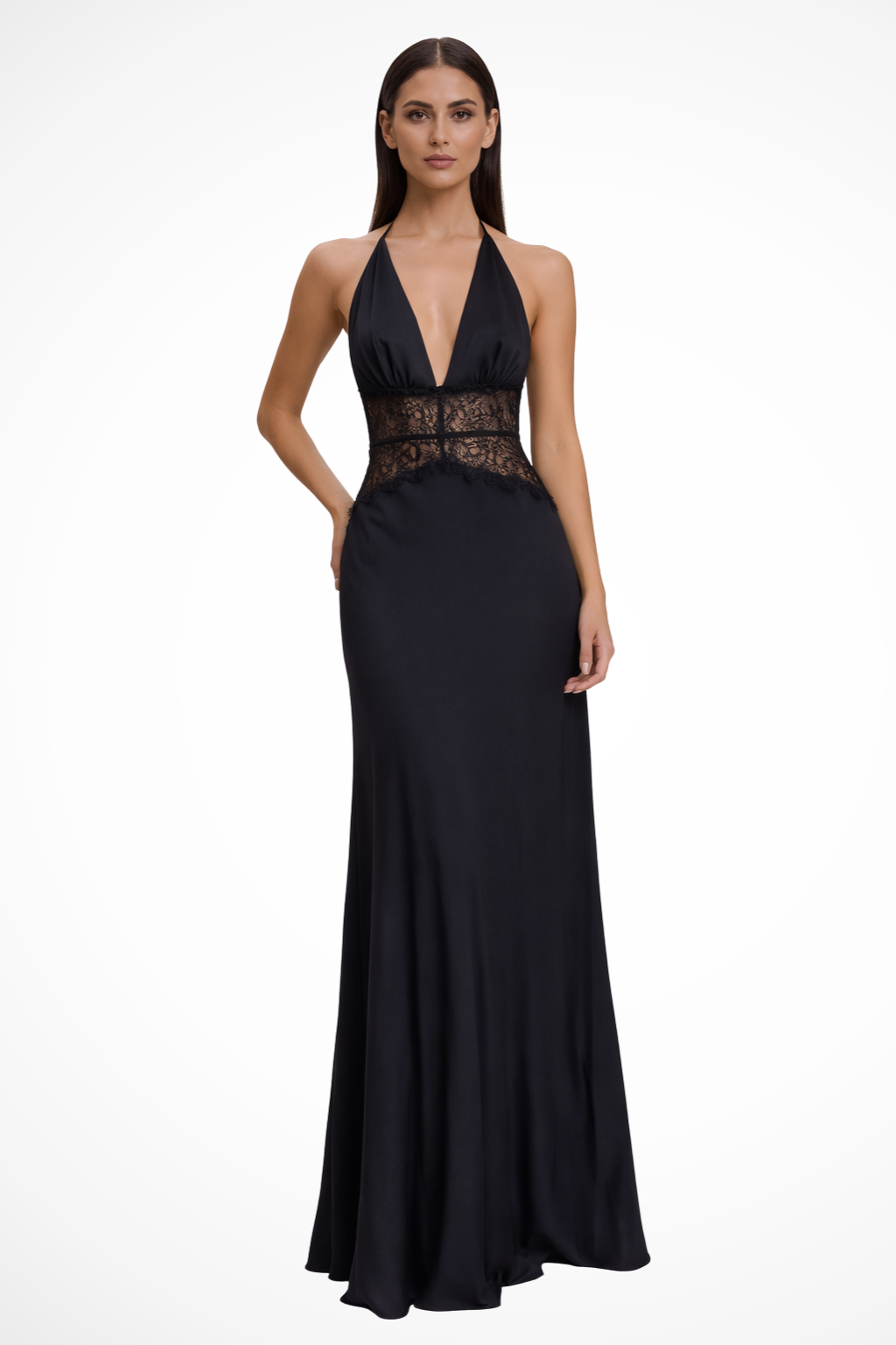 Women's Halter Neck Backless Maxi Dress with Lace Waist – Formal and Wedding Guest Dress