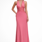 Women's Halter Neck Backless Maxi Dress with Lace Waist – Formal and Wedding Guest Dress