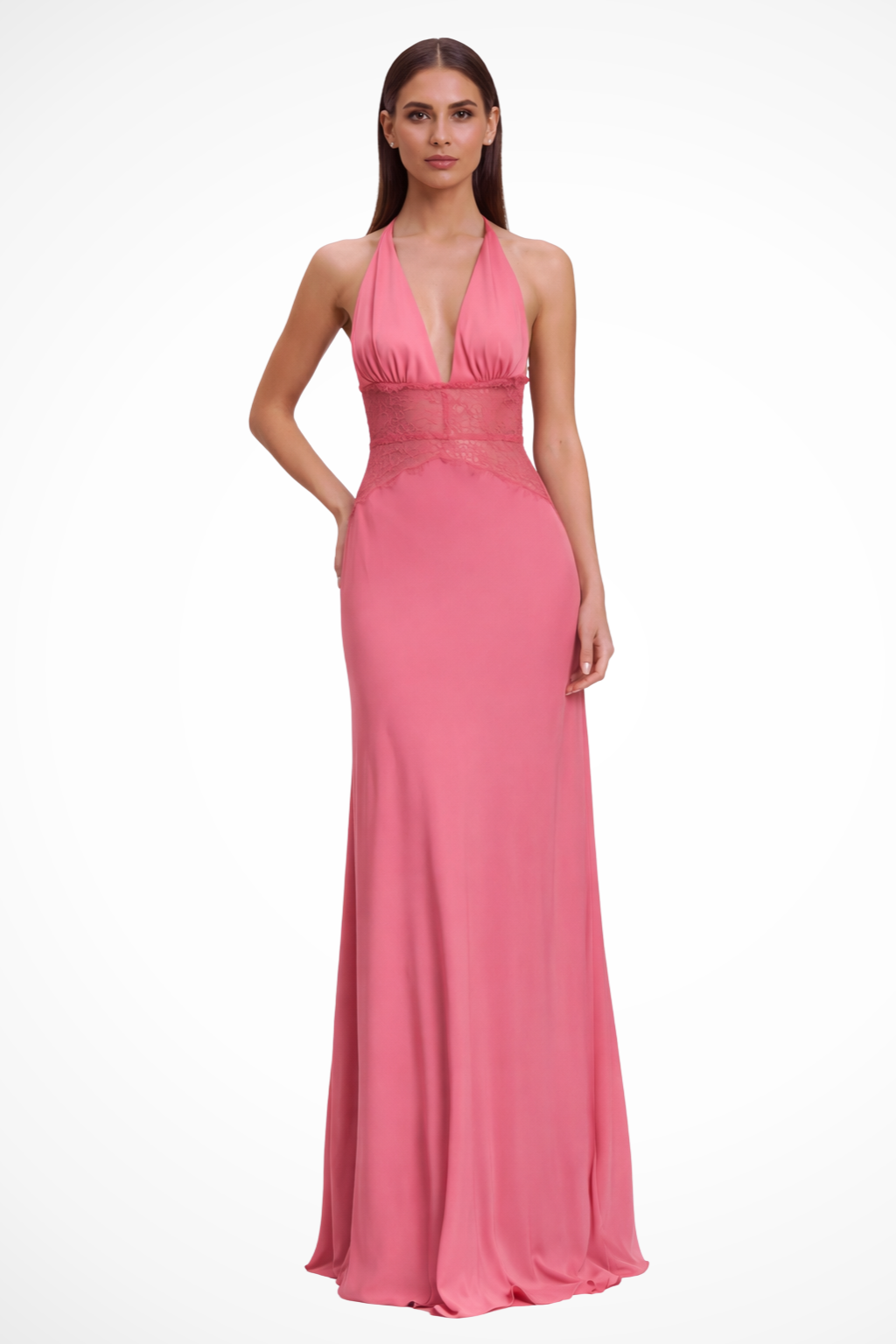 Women's Halter Neck Backless Maxi Dress with Lace Waist – Formal and Wedding Guest Dress