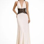 Women's Halter Neck Backless Maxi Dress with Lace Waist – Formal and Wedding Guest Dress