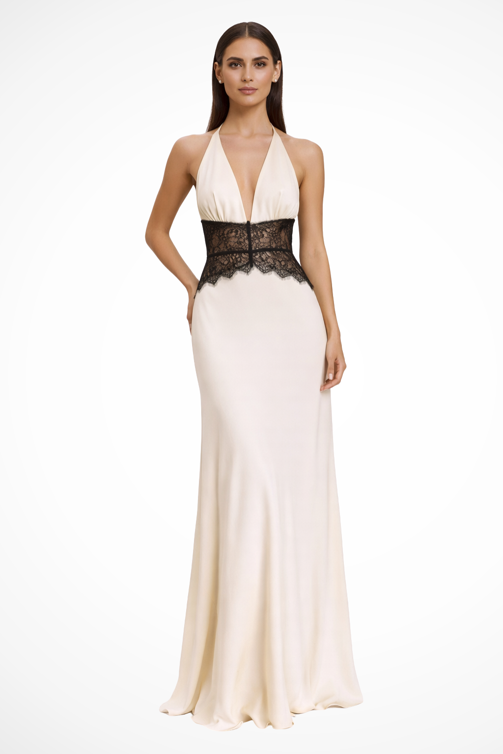 Women's Halter Neck Backless Maxi Dress with Lace Waist – Formal and Wedding Guest Dress