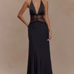 Women's Halter Neck Backless Maxi Dress with Lace Waist – Formal and Wedding Guest Dress