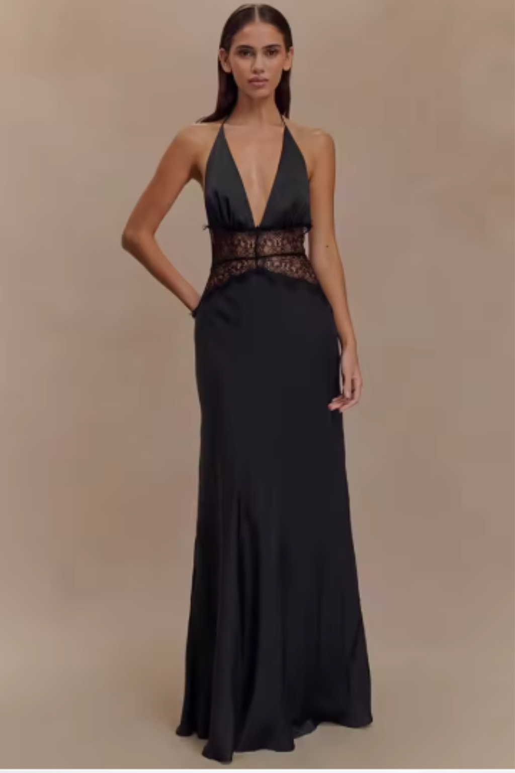 Women's Halter Neck Backless Maxi Dress with Lace Waist – Formal and Wedding Guest Dress