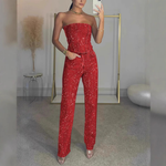 Women's Sequin Strapless Crop Top & High-Waist Jeans Set – Two-Piece Party Outfit for Nights Out
