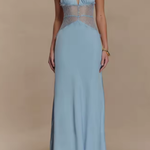 Women's Halter Neck Backless Maxi Dress with Lace Waist – Formal and Wedding Guest Dress