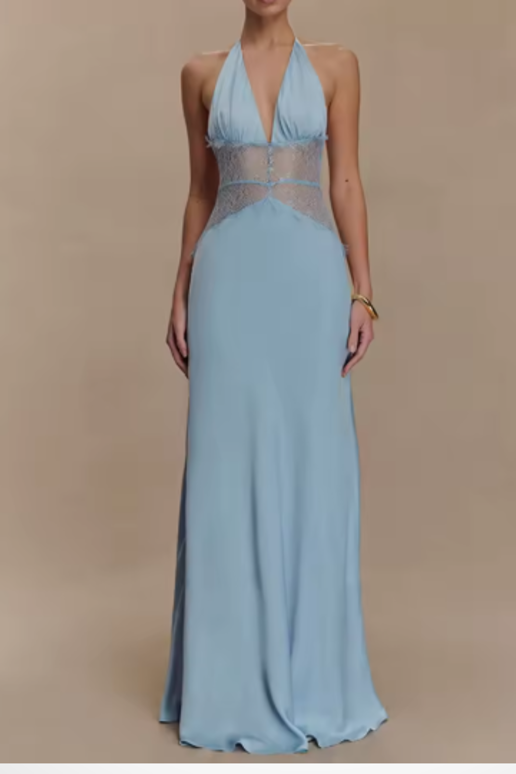 Women's Halter Neck Backless Maxi Dress with Lace Waist – Formal and Wedding Guest Dress