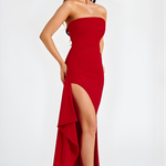 Women's Strapless Twisted Bodice Maxi Dress with High Slit – Formal Evening and Wedding Guest Gown
