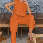 Women's Linen Two-Piece Set with Tie-Side Crop Top & Wide Leg Pants – Sleeveless Summer Co-Ord