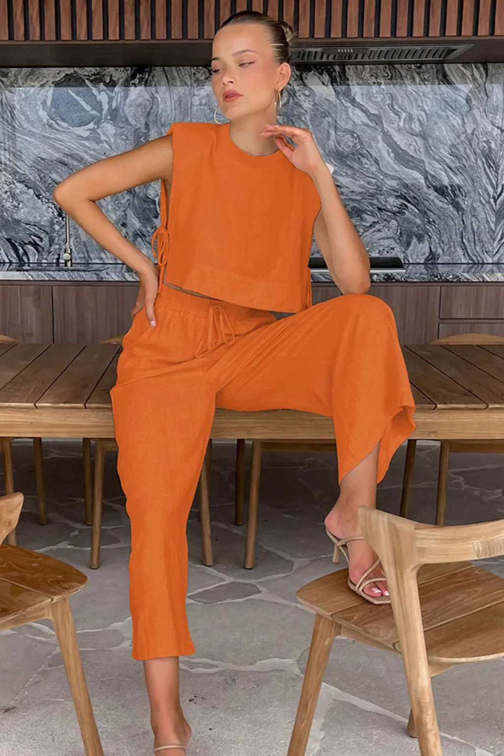 Women's Linen Two-Piece Set with Tie-Side Crop Top & Wide Leg Pants – Sleeveless Summer Co-Ord