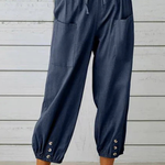 Women's Linen Cropped Pants with Drawstring Waist & Button Hem – Summer Pants for Holidays