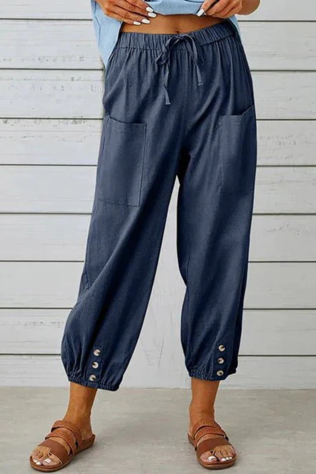 Women's Linen Cropped Pants with Drawstring Waist & Button Hem – Summer Pants for Holidays