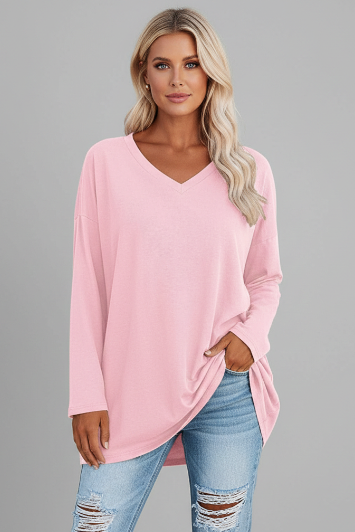 Women's V Neck Long Sleeve Top – Loose Fit Pull-On Everyday Top for Work & Weekend