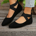 Women's Pointed Toe Ballet Flats with Cross Ankle Straps – Matte Everyday Flat Shoes