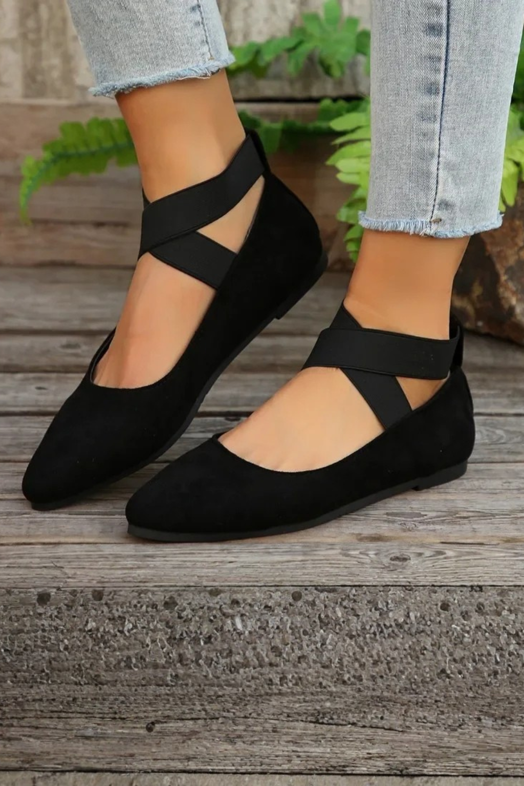 Women's Pointed Toe Ballet Flats with Cross Ankle Straps – Matte Everyday Flat Shoes