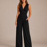 Women's Deep V-Neck Wide-Leg Jumpsuit – Fitted Waist Elegant Jumpsuit for Dinners & Parties
