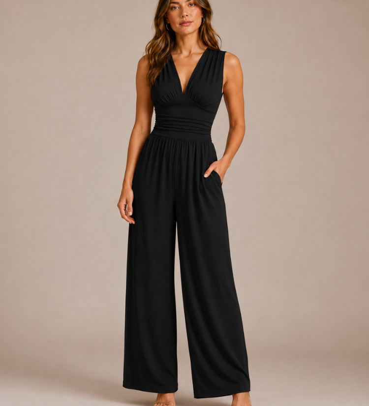 Women's Deep V-Neck Wide-Leg Jumpsuit – Fitted Waist Elegant Jumpsuit for Dinners & Parties