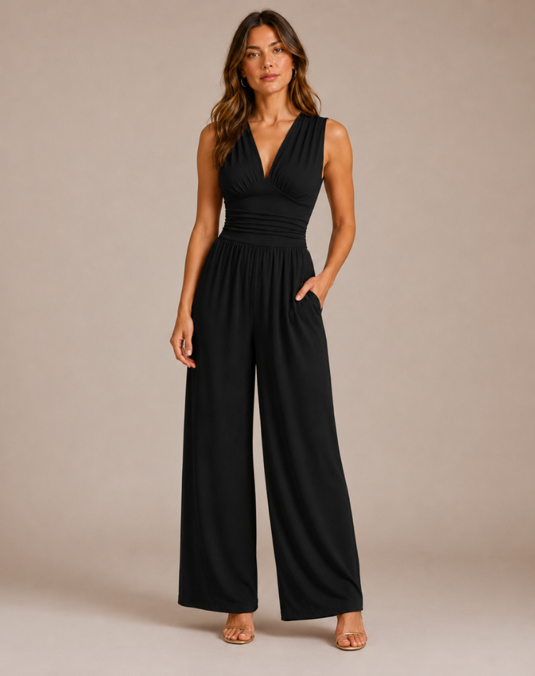 Women's Deep V-Neck Wide-Leg Jumpsuit – Fitted Waist Elegant Jumpsuit for Dinners & Parties