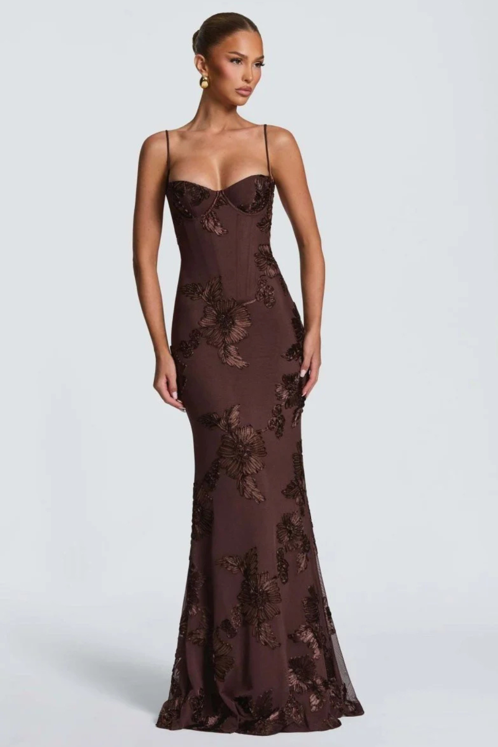 Women's Floral Embroidered Corset Maxi Dress with Cami Straps – Wedding Guest & Formal Dress