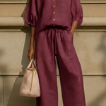 Women's Linen Co-Ord Set with Peter Pan Collar Blouse & Wide Leg Pants – Two-Piece Outfit