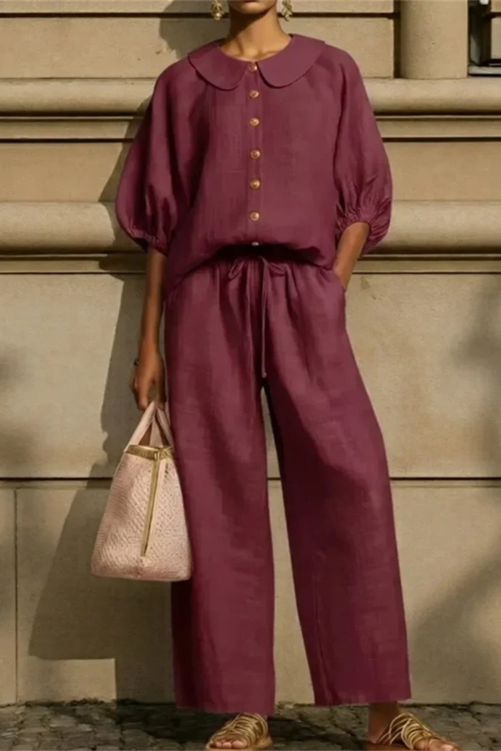 Women's Linen Co-Ord Set with Peter Pan Collar Blouse & Wide Leg Pants – Two-Piece Outfit