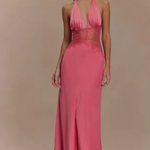 Women's Halter Neck Backless Maxi Dress with Lace Waist – Formal and Wedding Guest Dress