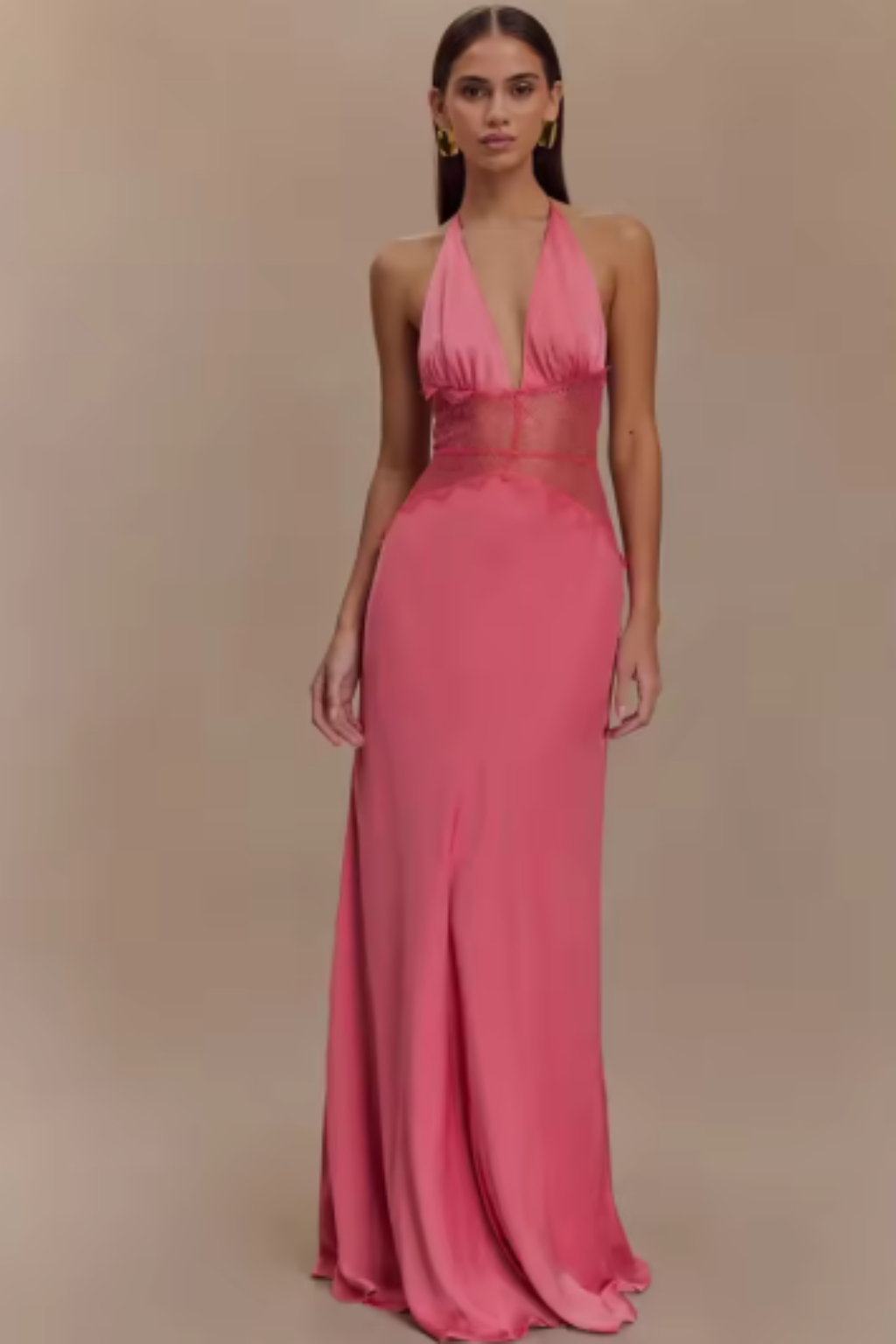 Women's Halter Neck Backless Maxi Dress with Lace Waist – Formal and Wedding Guest Dress
