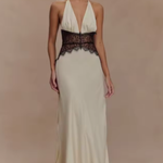 Women's Halter Neck Backless Maxi Dress with Lace Waist – Formal and Wedding Guest Dress