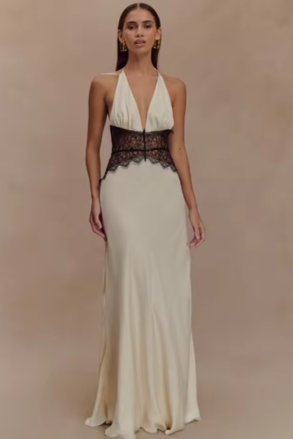 Women's Halter Neck Backless Maxi Dress with Lace Waist – Formal and Wedding Guest Dress