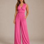 Women's Deep V-Neck Wide-Leg Jumpsuit – Fitted Waist Elegant Jumpsuit for Dinners & Parties
