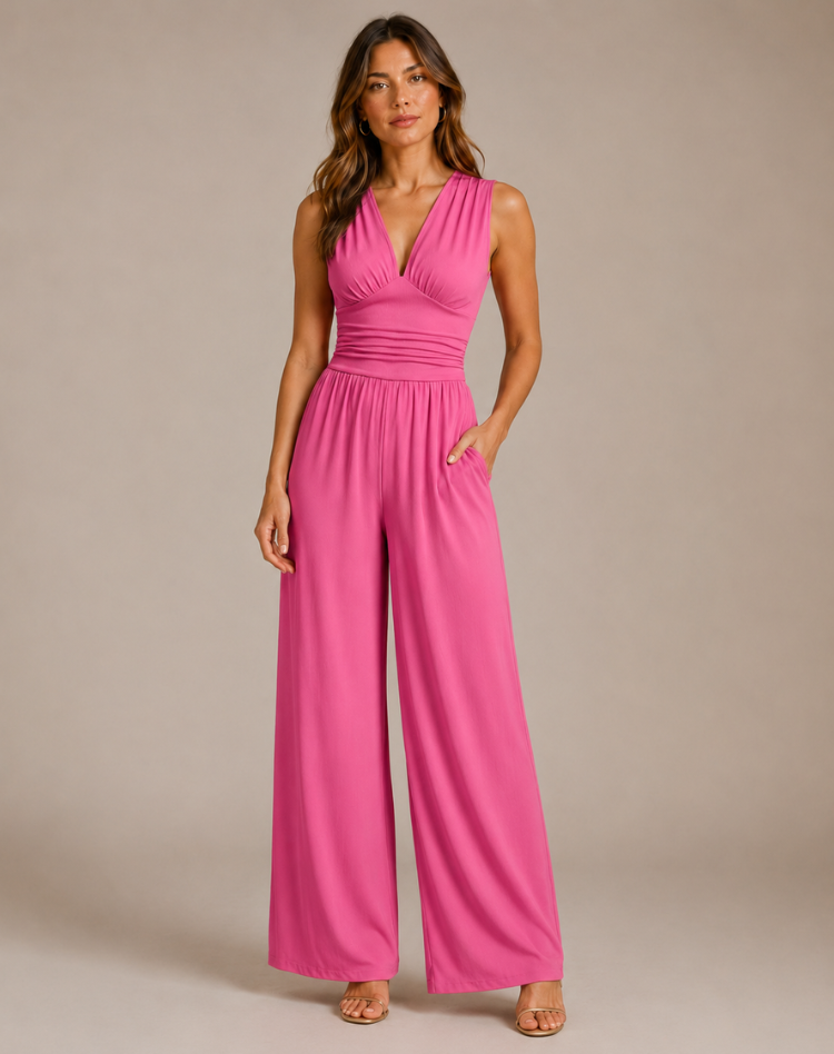 Women's Deep V-Neck Wide-Leg Jumpsuit – Fitted Waist Elegant Jumpsuit for Dinners & Parties