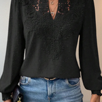 Women's Lace Applique V Neck Blouse with Balloon Sleeves – Dobby Chiffon Occasion Top