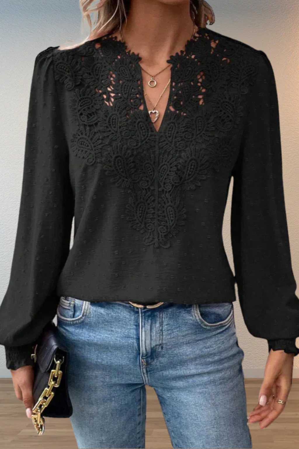 Women's Lace Applique V Neck Blouse with Balloon Sleeves – Dobby Chiffon Occasion Top
